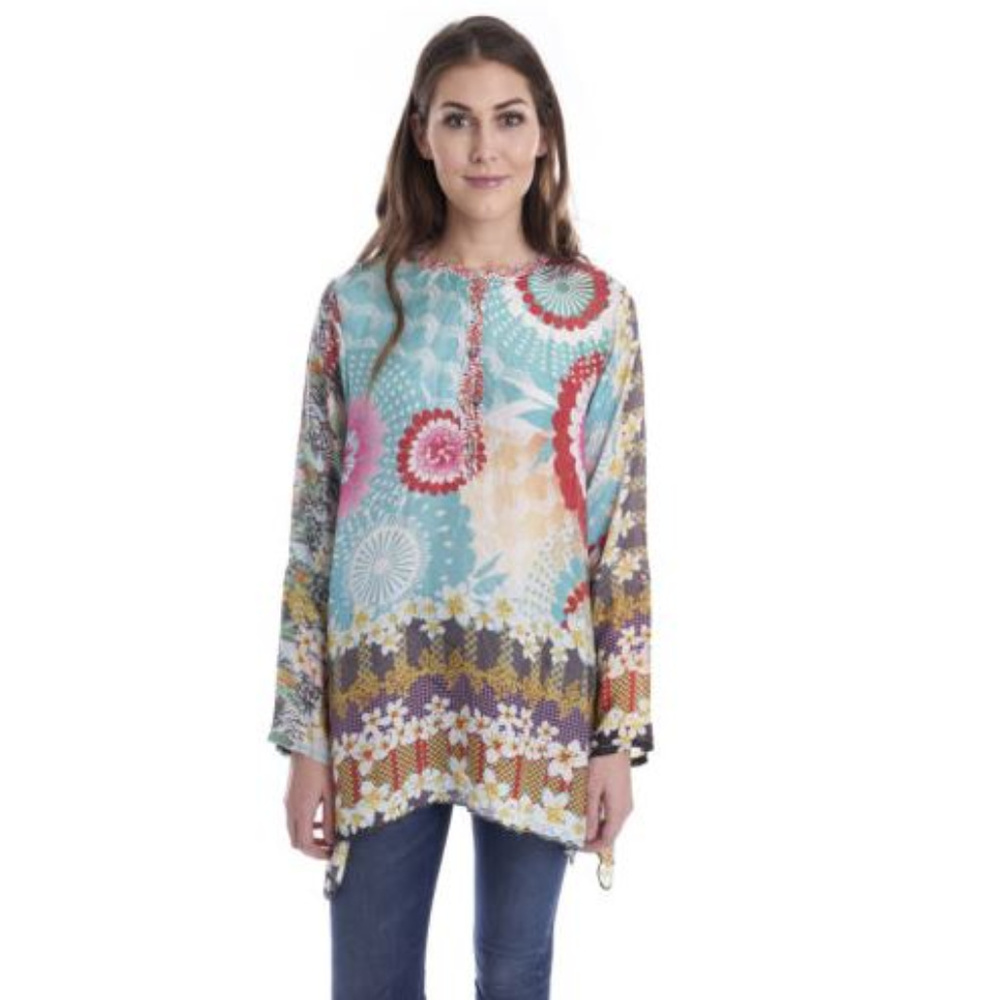 Johnny Was Floral Edge Silk Long Sleeve Tunic NEW